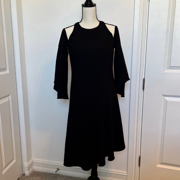 SCRIPTED M Cold Shoulder Bell Sleeve Little Black Dress Asymmetrical - Picture 2 of 16